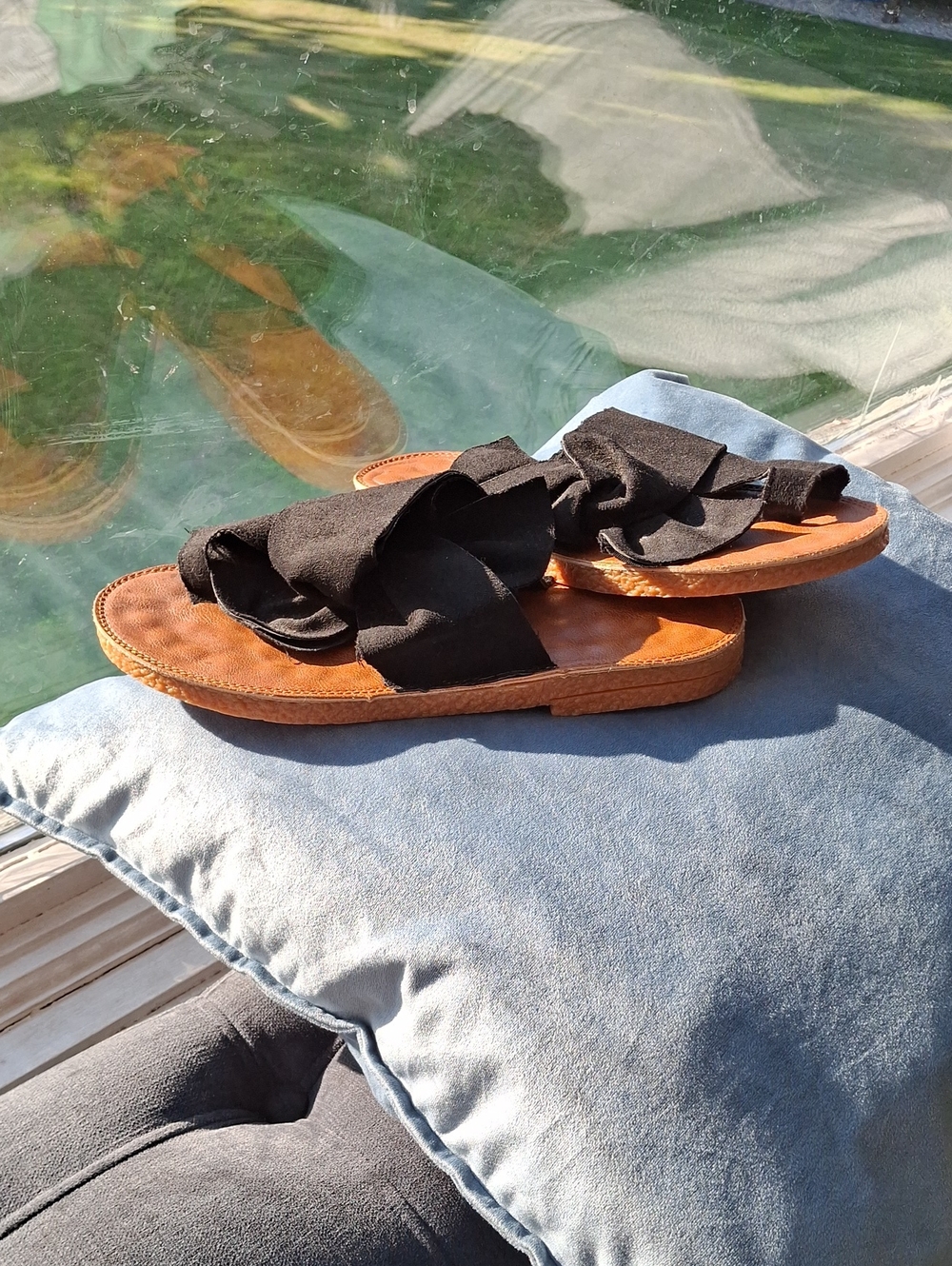 Women's Tan Footbed Slide Sandals with Black Fabric Bow Straps
